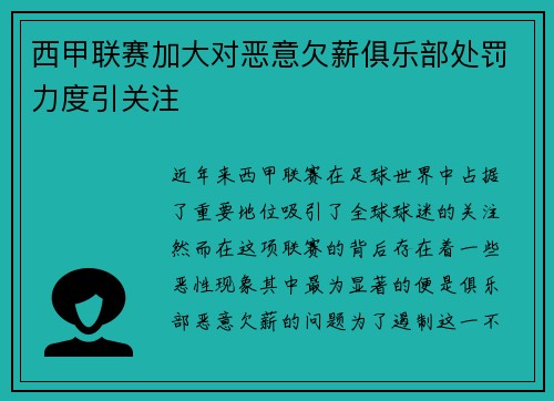 西甲联赛加大对恶意欠薪俱乐部处罚力度引关注