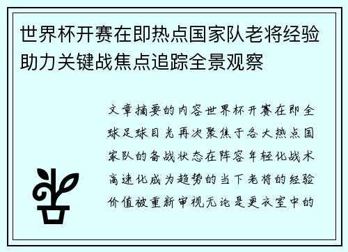 世界杯开赛在即热点国家队老将经验助力关键战焦点追踪全景观察